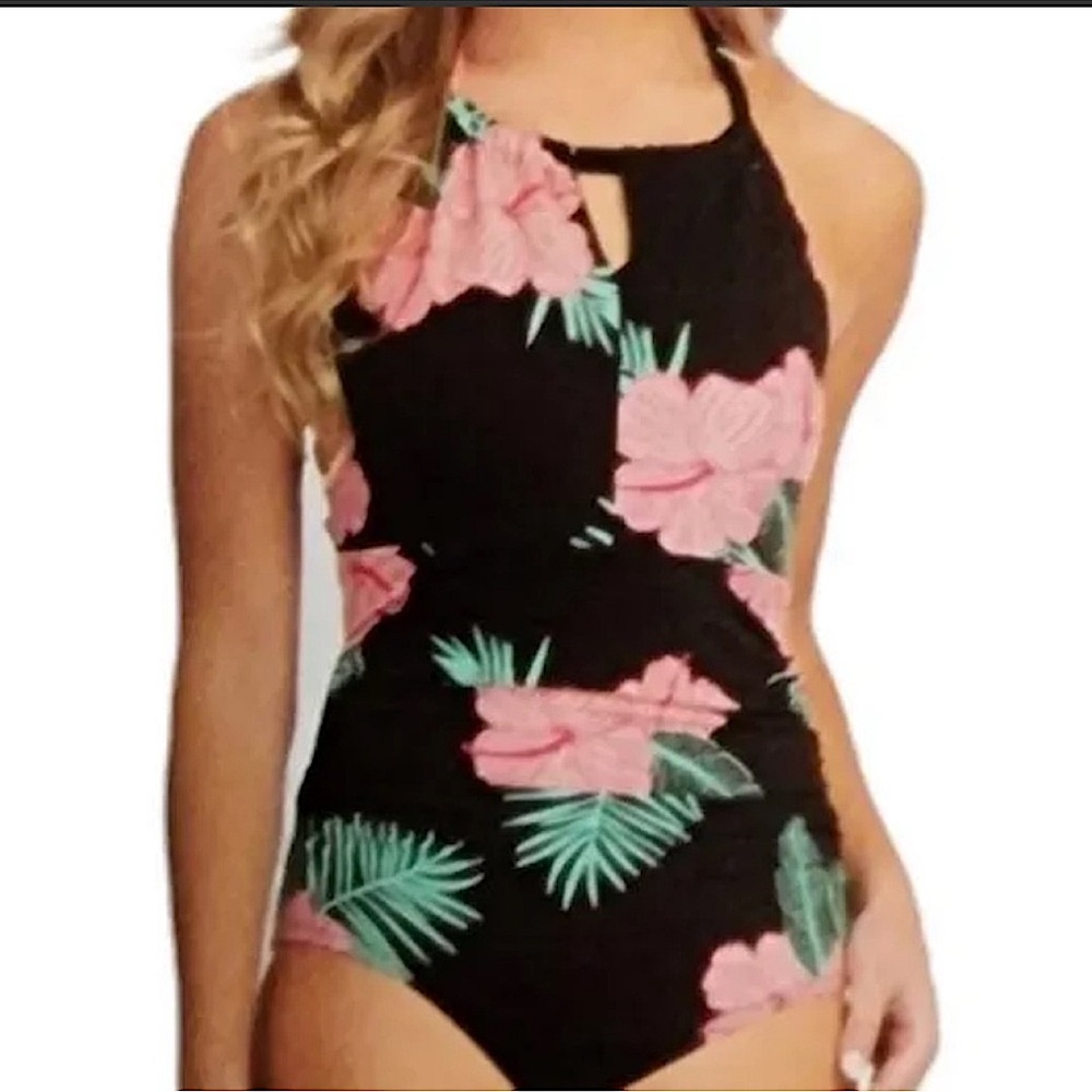 Crane One Piece Black tropical tummy toning swimsuit women's size LARGE